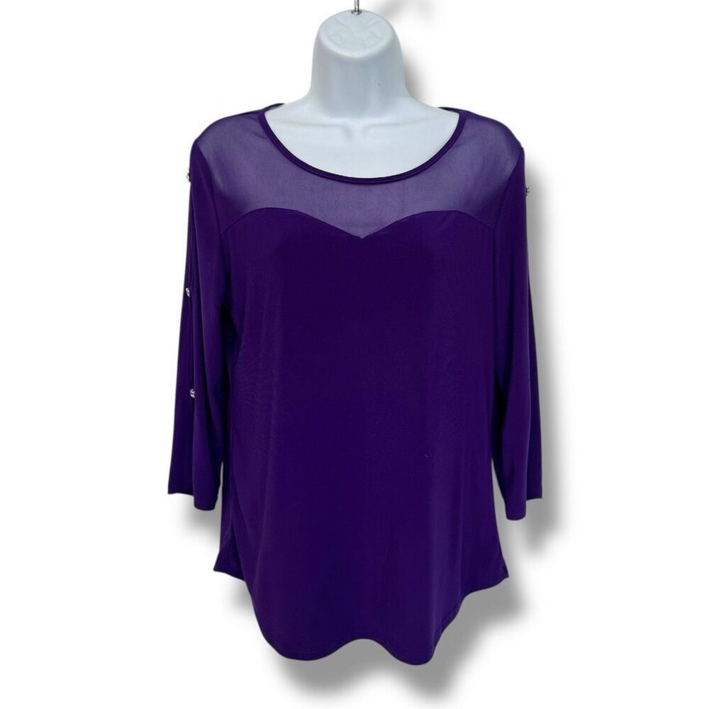 Adele & May Women's Purple Blouse Size Small Sheer Yoke Rhinestone Accent